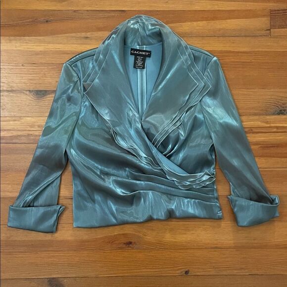 Cachet Blue-Green Dressy Faux Wrap Jacket Blouse Womens Size 12 Party - Picture 3 of 12